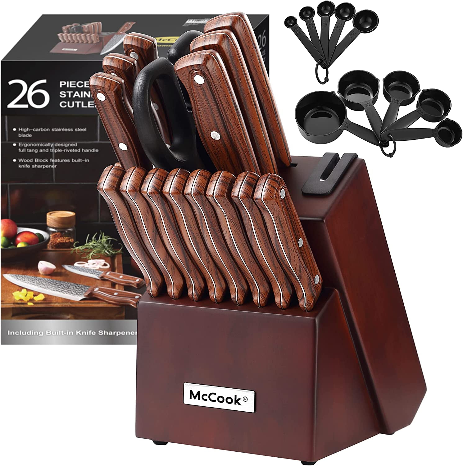 McCook MC702 26Pieces Kitchen Knife Set With Block, Builtin Sharpener
