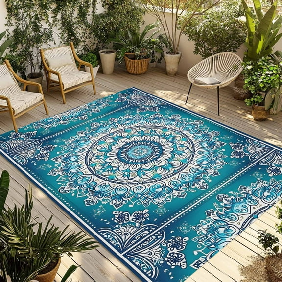 Fsddascl Turquoise Boho Flowers Outdoor Rug for Patio/Deck/Porch, Non-Slip Large Area Rug 4 x 6 Ft, Retro Ethnic Abstract Floral Art Indoor Outdoor Rugs Washable Area Rugs, Camping Rug Carpet