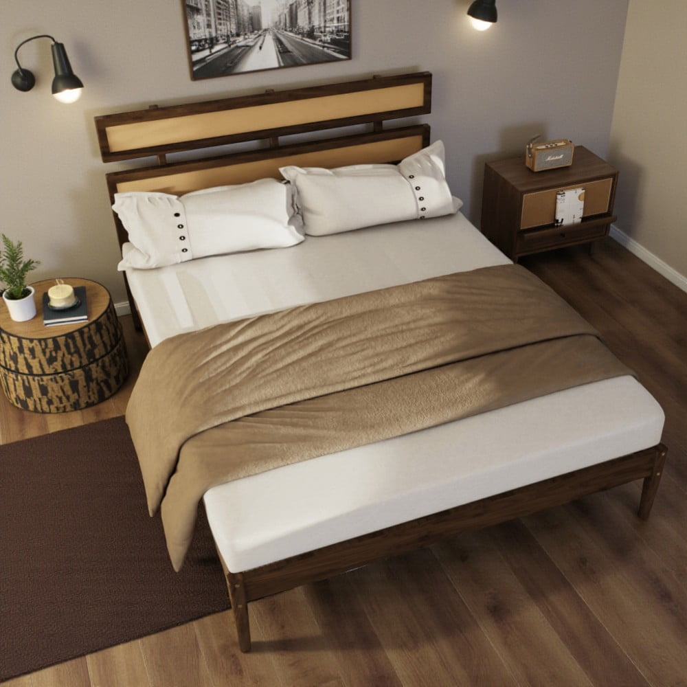 Tcbosik Platform Bed Queen Size, Bed Frame with Rattan & Wood Headboard for Bedroom, Wood Slats Support, Dark Walnut