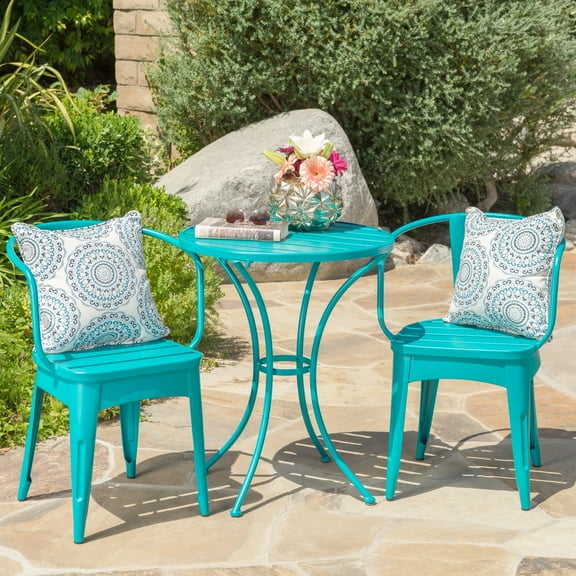 3 Piece Kd Metal Bistro , Teal, Water-, 30" H Table, 20" W Chairs, Powder Coated Iron Teal Coated, Long-lasting, 18" Seat Chairs