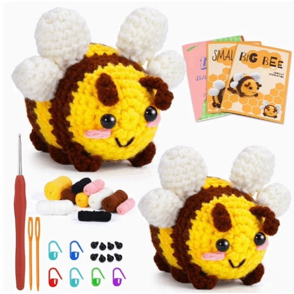 Beginner Crochet Kit, Bee Amigurumi Crochet Kit with Yarn, Hook, Stuffing and Tools, DIY Craft Kit to Make 2 Cute Plush Bees, Step-by-Step Crochet Project for Adults, Teens & Beginners, Handmade Gift