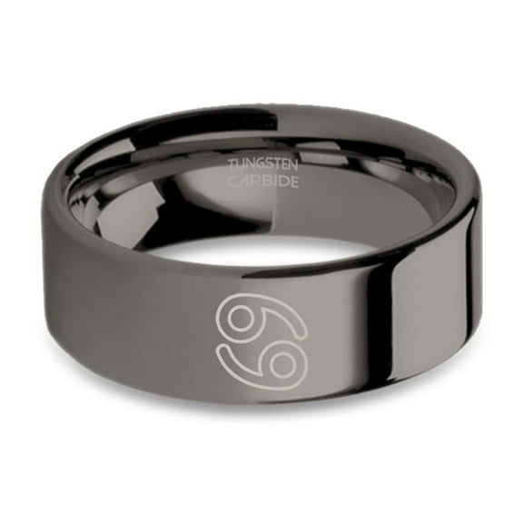 Cancer 69 Crab Zodiac Sign Polished Gunmetal Tungsten Ring, 8mm, Size 15