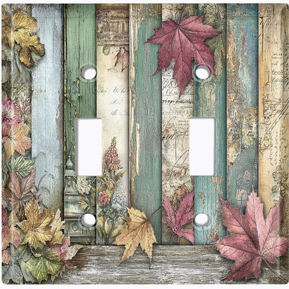 Metal Light Switch Wall Plate Outlet Cover (Printed Image of Old Wood and Autumn Leaves - Double Toggle)