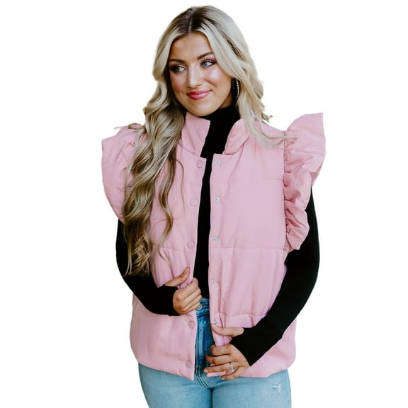 Women's Pink Stand Neck Flutter Sleeve Puffer Vest – Cozy Casual Style for Daily Wear [ZhiHiMeRi] | L