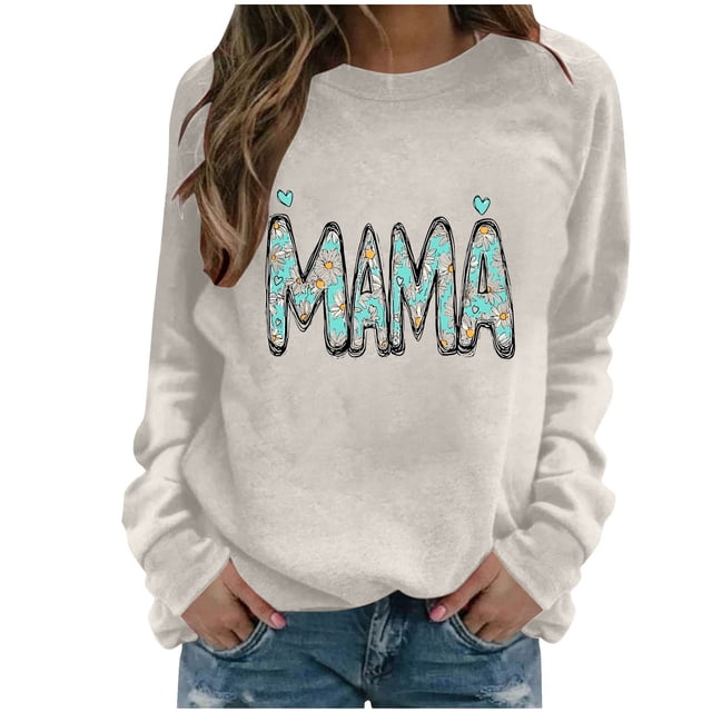 Xuyuer Women Long Sleeve Mama Sweatshirts Oversized Crewneck Pullover Hoodless Casual Knit Graphic Mom Tops