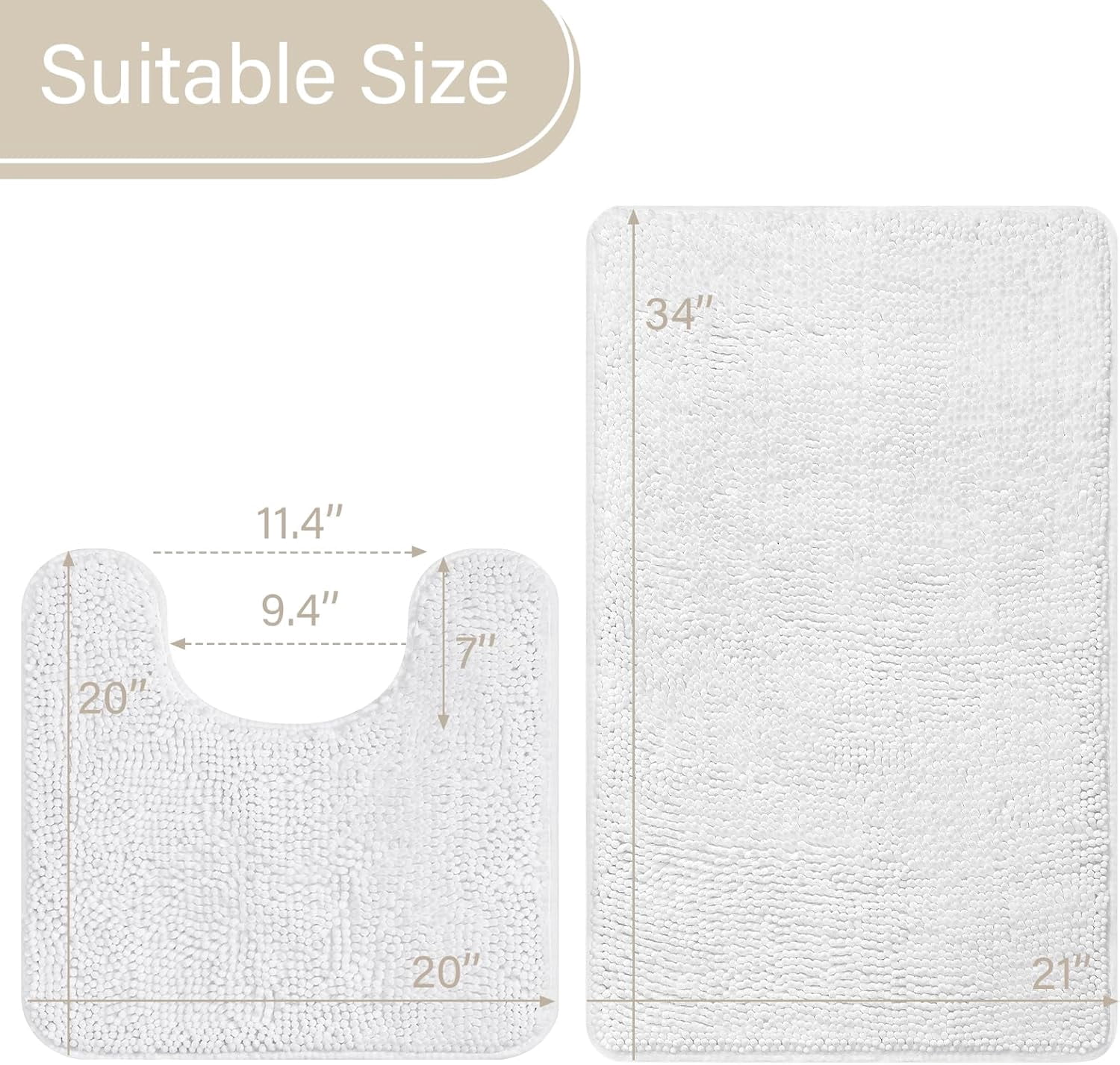 Homore Bathroom Rugs Sets, Luxury Bath Mat Set Anti-Slip Chenille Bath Rug and U-Shaped Toilet Mat White