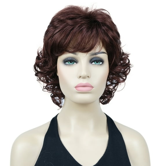 Short Curly Wigs Soft Shaggy Layered Classic Cap Full Synthetic Wigs for Women,12" Dark Auburn