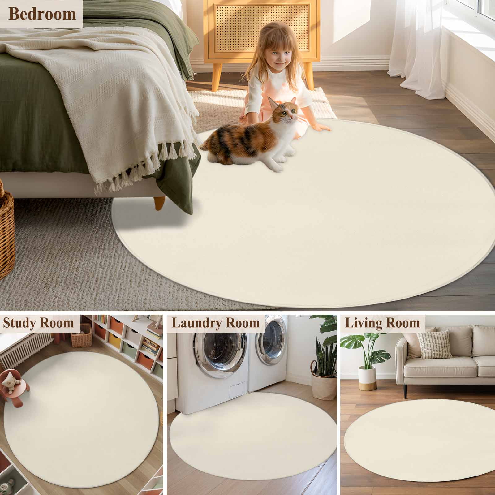 Cream Round Area Rug 3 FT, Small Kitchen Bathroom Mat, Modern Pure Beige Washable Indoor Outdoor Throw Runner Carpet Non-Shedding Doormat for Table Shower Sofa Entryway