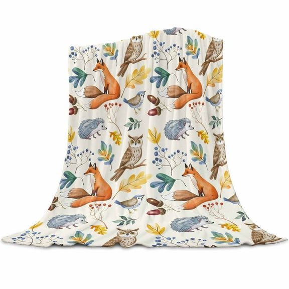 Thanksgiving Fox Flannel Blanket for Bed,Travel and Camping, Retro Fall Hedgehog Owl Leaves Super Soft Cozy Blanket for All Seasons 50"x60"