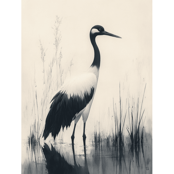 Qisvanset 12x16 Inch With Frame 2D Flat Wall Art Japanese Crane Traditional Ink Asian Minimalist Decor