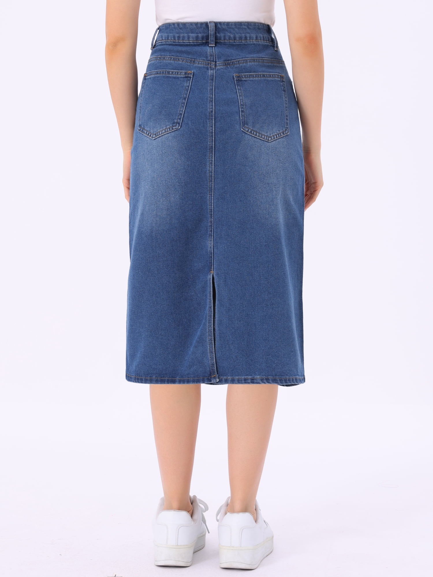 DARING DIVA Women's Denim Split Back Pockets Midi Jean Skirts L Sky Blue