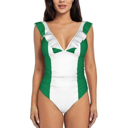Women Flag of Nigeria One Piece Swimsuits Tummy Control Bathing Suit Ruffle V Neck Swimwear Slimming Monokini