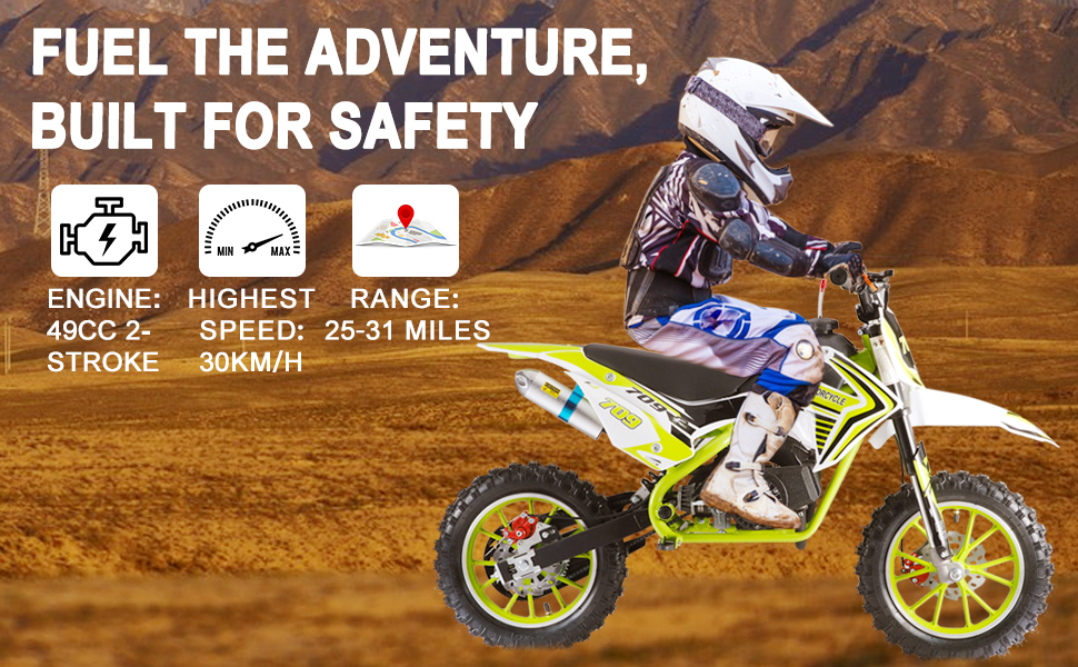49CC Gas Dirt Bike with 30KM/H Speed, 10-Inch Off-Road Tires & Dual Disc Brakes, 150kg Capacity 2-Stroke Mini Motorcycle for Youth Beginner Riding.