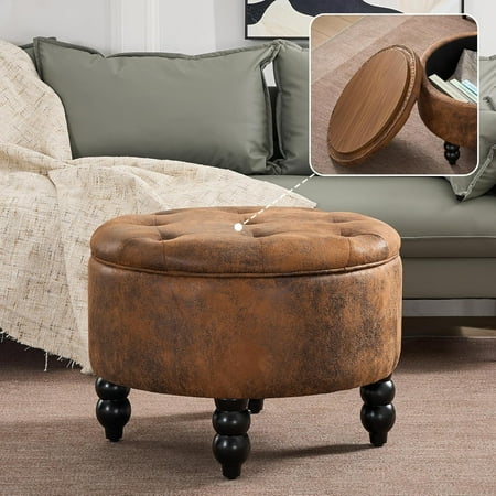 FOREDO 24 Inch PU Leather Round Ottoman with Storage, Upholstered Button Tufted Ottoman Coffee Table with Removeable Top, Foot Rest for Living Room, Bedroom, Light Brown