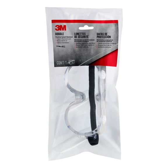 3M Goggle Chemical Splash, Black Strap, Clear Lens