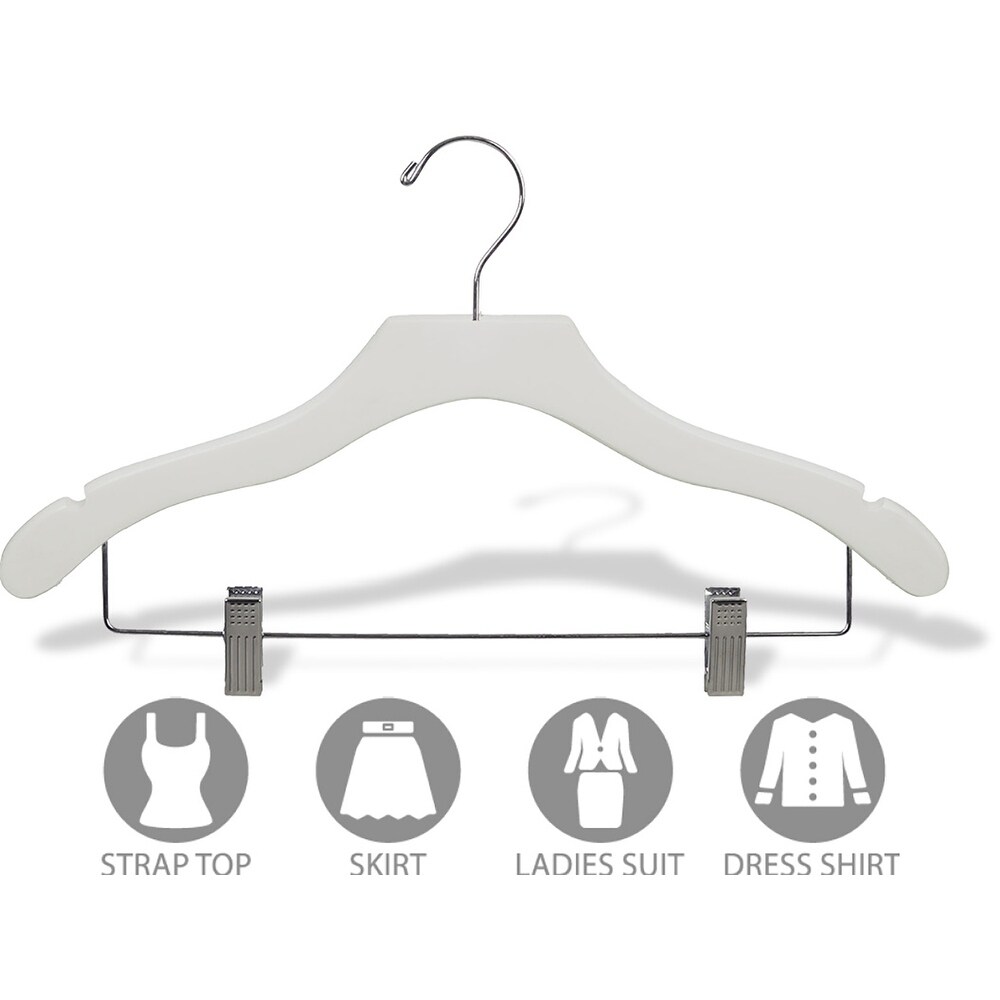 International Hanger Wooden Wavy Combo Hanger, White Finish with Chrome Hardware, Box of 50