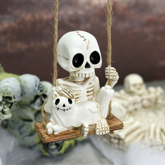Wadada Swing Skeleton With Cat Garden Statue Outdoor Halloween Decor, 3.14 Inch Cute Skull Figurine Resin Sculpture Funny Tree Hanging Ornaments for Patio Lawn Yard