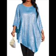 thumbnail image 3 of Blusa Holgada con Cuello Redondo y Mangas de Puntos, Dobladillo Irregular, Talla Grande 2025 para Mujer Azul XXXL, 3 of 8