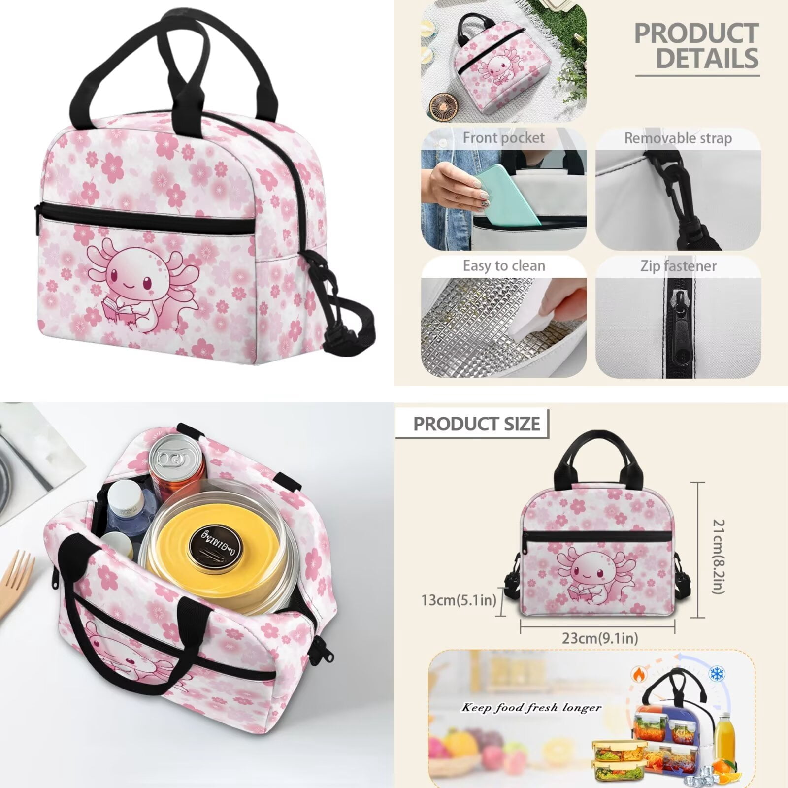 XYZCANDO Axolotl Kids Backpack Set for Girls 4Pcs with Lunch Bag Pencil Case Water Bottle Carrier Fashion Cherry Blossom Bookbag for Teens Girls Middle School