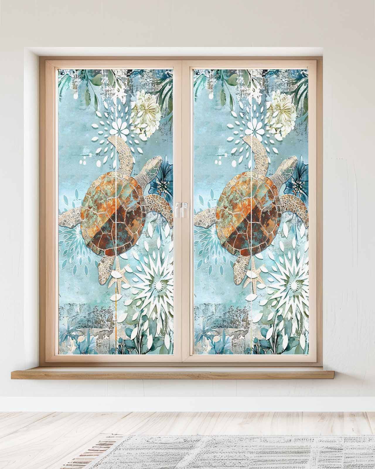 Window Privacy Film Sea Turtle Coastal Stained Glass Window Film Decorative Sun Block Window Cover Teal Nautical Starfish Botanical Window Clings Static Adhesive Sticker for Bathroom 23.6"x59"