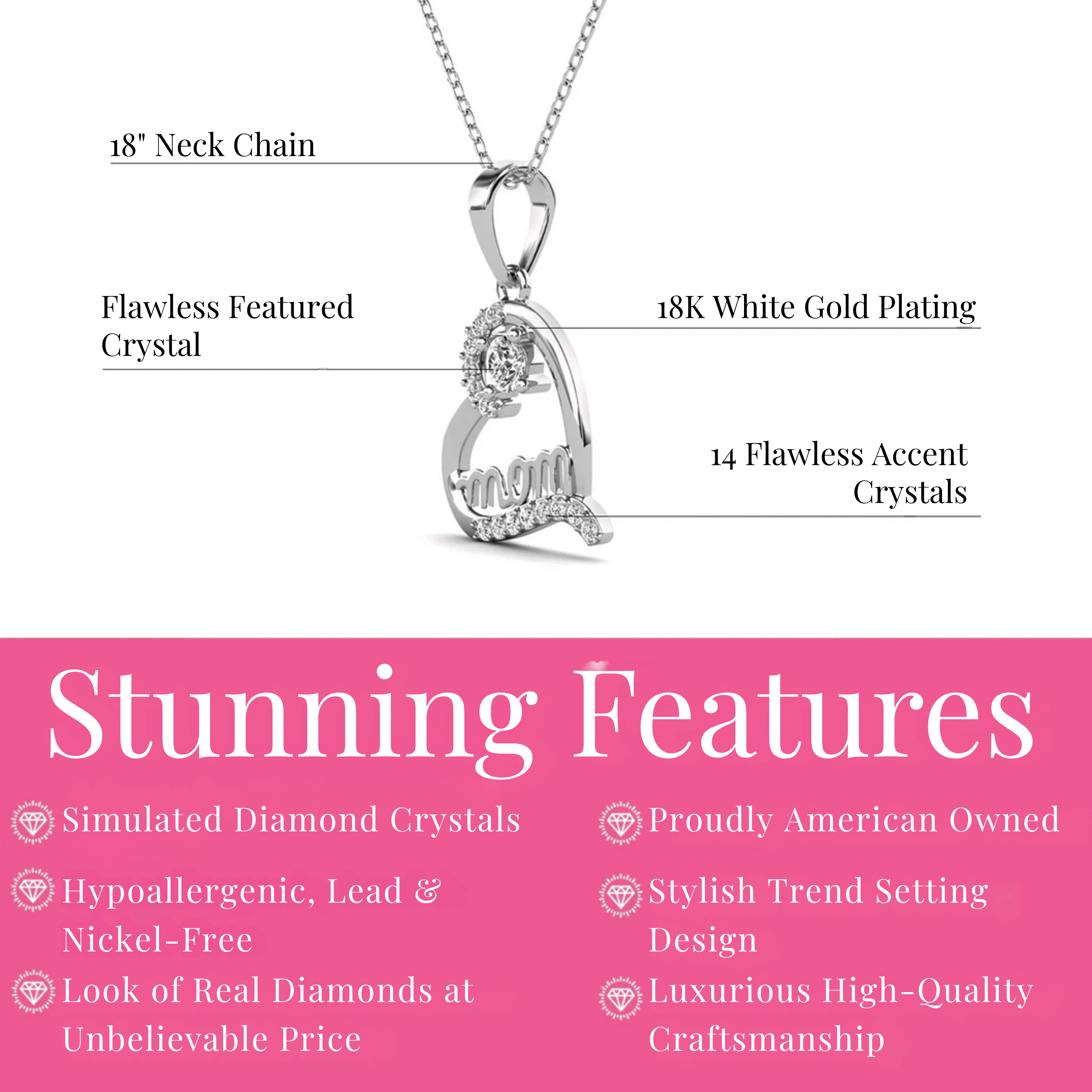 Cate & Chloe Thelma 18k White Gold Plated Mom Heart Necklace with Simulated Diamonds for Women
