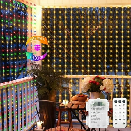 echosari 300 LED Curtain Lights Battery Operated, 9.8ft×9.8ft Hanging Light with Remote Timer Fairy Curtain Lights for Bedroom Patio Wedding Backdrop Party Decór (Warm White)