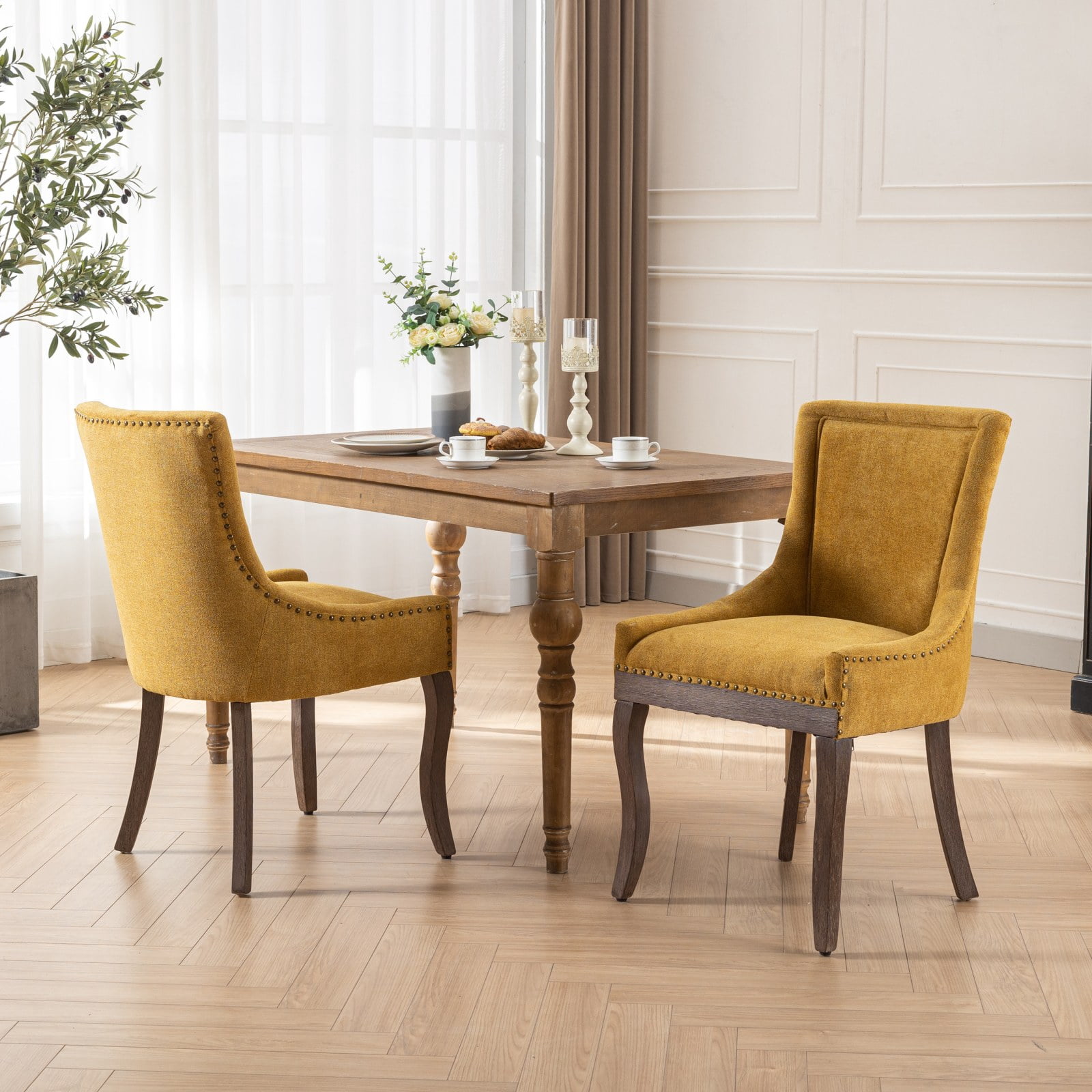Gewnee Set of 2 Side Dining Chairs, Fabric Upholstered High Back Dining Table Chairs with Solid Wood Legs for Dining Room & Kitchen,Golden