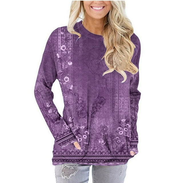 EQWLJWE Chandails en Molleton pour Femmes en Polaire, Col Rond, Haut Graphique à Fleurs, Manches Longues, Chandail-Over Mignon, Léger, Ample, Costumes d'Halloween en Liquidation