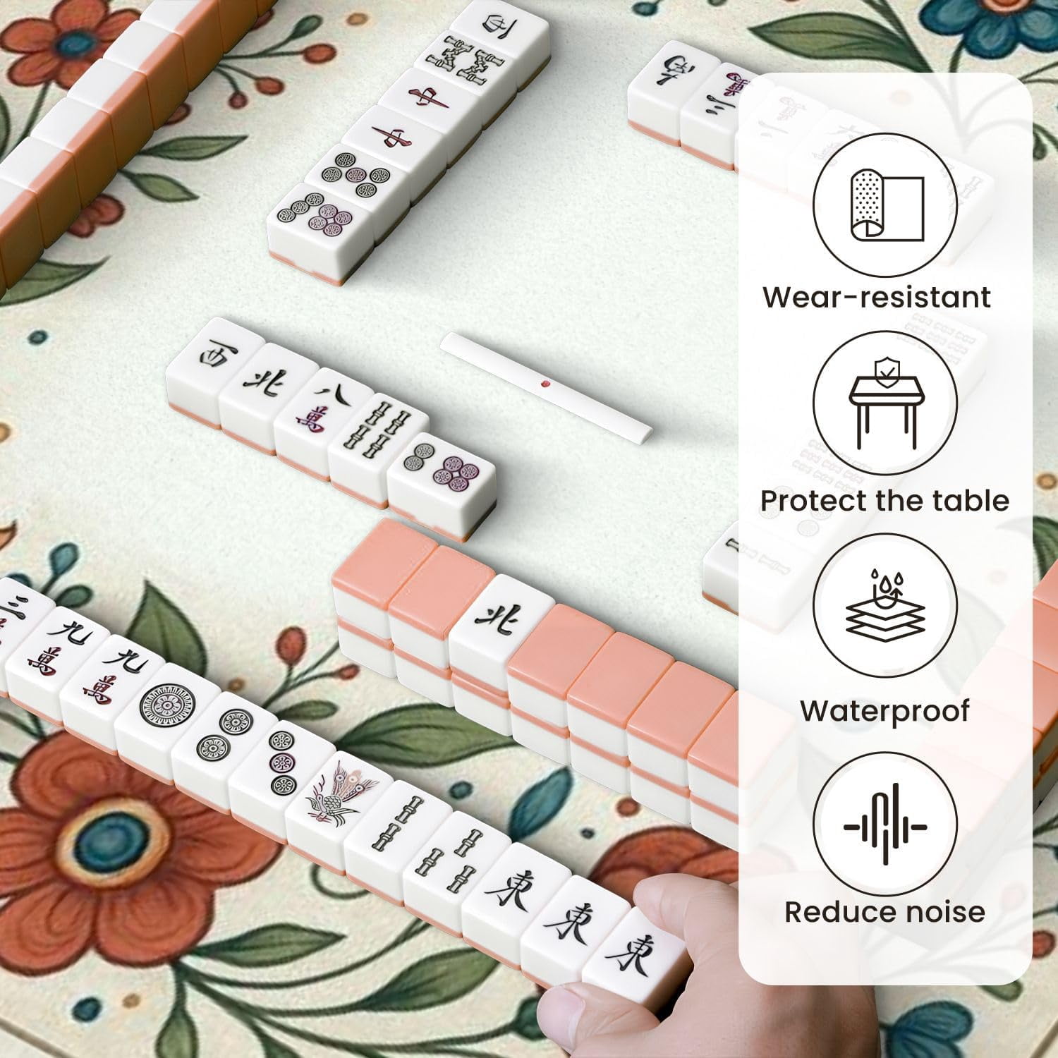 Mahjong Mat for Table Floral Border Design Orange Blue Green Flowers Leaves 31.5" x 31.5" Non-Slip Noise-Reducing Game Mat Premium Mahjong Accessories for Poker Dominoes Board Games