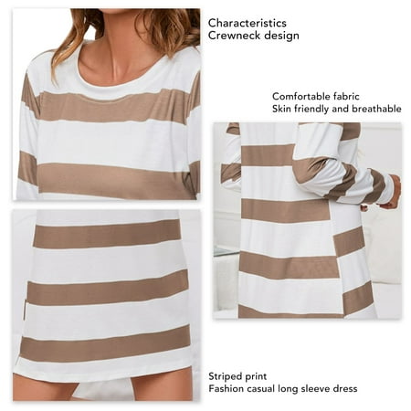 

Night Gown Dress Breathable Striped Print Women Sleepwear Crewneck High Low Hem For Lady For Bedroom Black Dark Blue OD Green Khaki