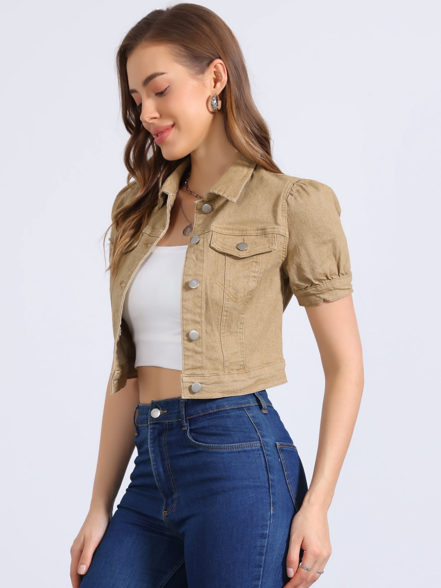 DARING DIVA Women's Cropped Jackets Puff Button Down Washed Denim Jean Jacket S Khaki