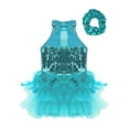 thumbnail image 4 of Haitryli Kids Girls Sequins Ballet Tutu Jazz Latin Dance Dress Leotard with Hair Scrunchie Ballroom Dancewear Light Blue 10, 4 of 6