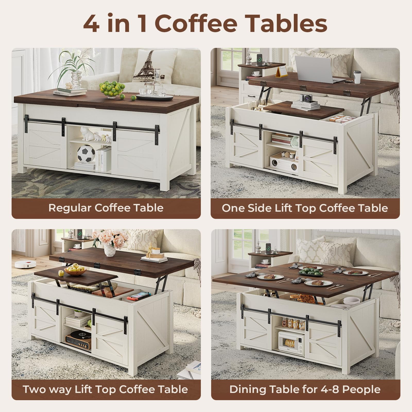 Lift Top Coffee Table with Hidden Storage Compartment, 4 in 1 Farmhouse Coffee Table with 4 Sliding Barn Doors, White