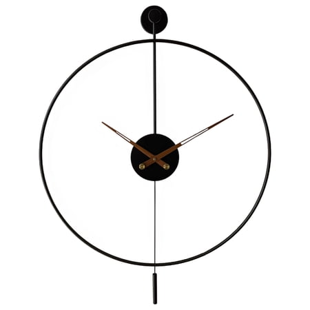 19.7 In Large Wall Clock For Living Room, 50 Cm Iron Modern Minimalist Big Clock With Pendulum, Black Metal Round Frame, Wooden Hands For Wall Decor