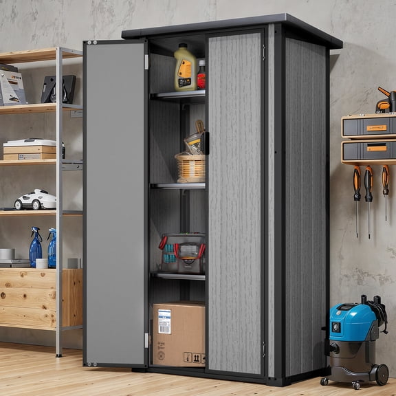AECOJOY 30  Cu.ft Outdoor Resin Storage Cabinet with 3 Adjustable Shelves, Small Plastic Storage Shed with Floor Waterproof Storage Building for Tool, Backyard