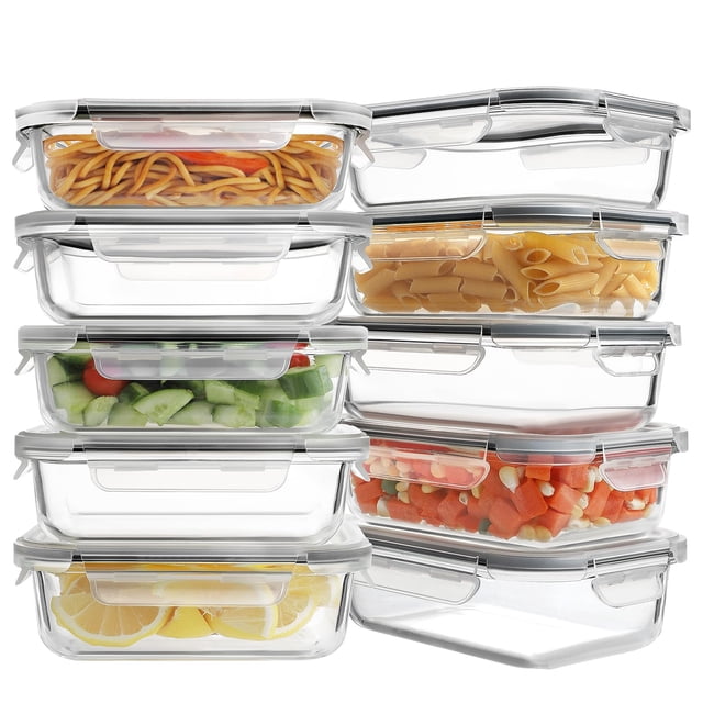recipientes de vidrio para preparación de comidas homberking 630 ml (paquete de 10) conjunto de 10 recipientes rectangulares de borosilicato transparente con 10 tapas plásticas y sellos de silicona gris; vista frontal apilada en columnas mostrando fideos, pasta, verduras y rodajas de limón; tapas con cierres laterales a prueba de fugas y boca amplia; tamaño aproximado 6.9 x 5.2 x 2.5 pulgadas; apto para horno y microondas sin las tapas, apto para congelador y lavavajillas (no las tapas). Ideal para preparar y transportar almuerzos, control de porciones y picnics.