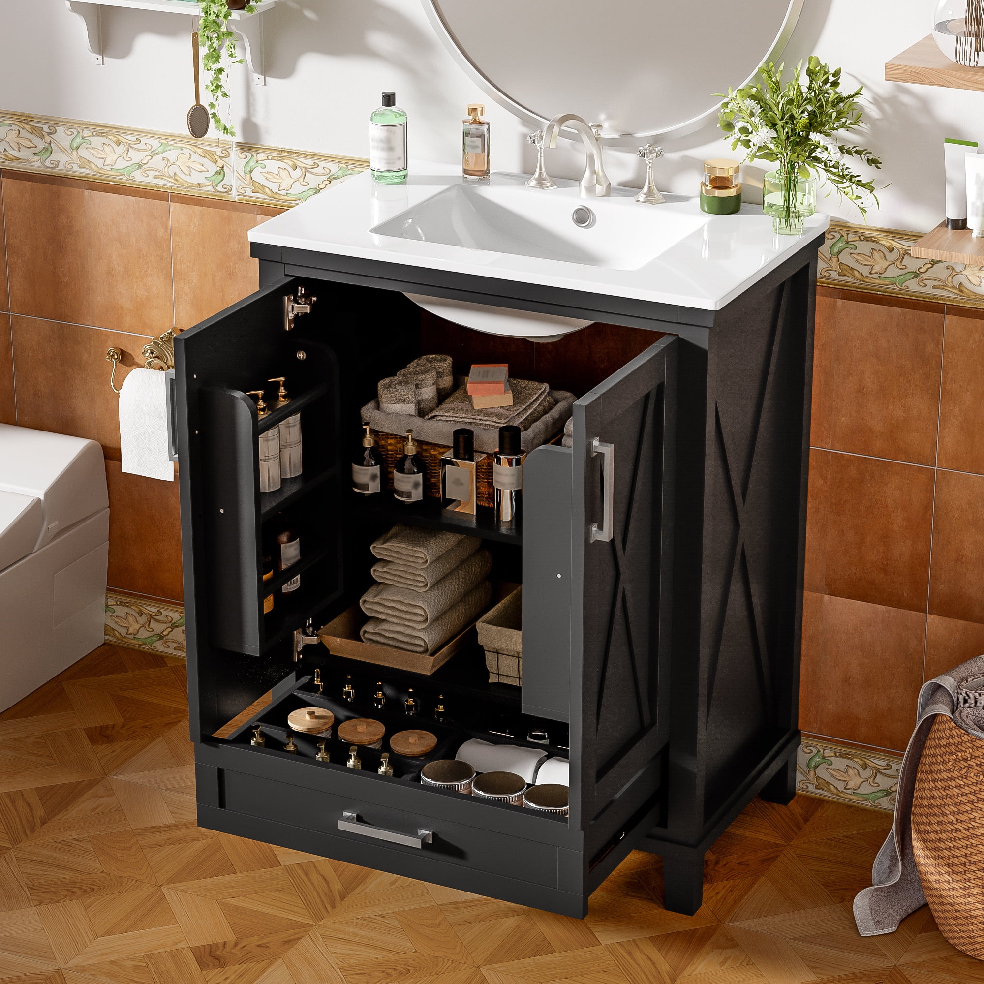 Euroco 24-inch Bathroom Vanity with Single Sink, Solid Wood Frame + MDF, 2 Soft-Close Doors, 1 Divided Drawer, Dual Storage Shelves, Ample Storage Space