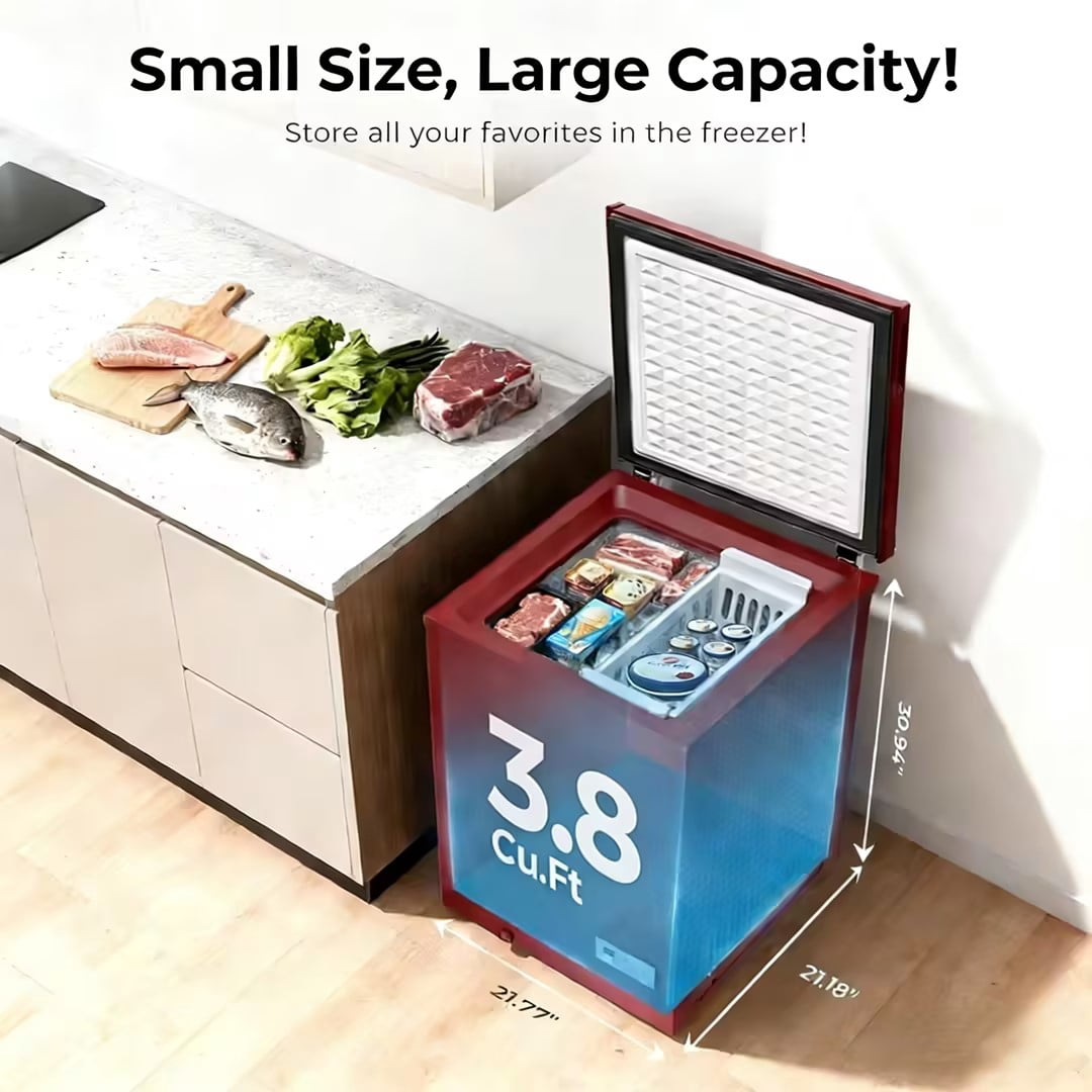 Auseo 3.8 Cu.Ft Chest Freezer Low Temperature Freezer with Removable Basket,Free Standing Top open Door Deep Freezer, Adjustable Temperature for Home, Basement, Kitchen, Red