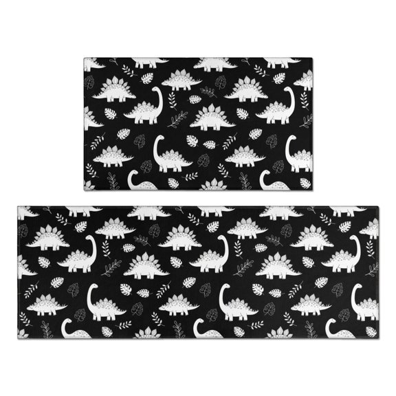 Dinosaur and Leaf Black Pattern Anti Fatigue Kitchen Rugs Set Of 2, Non Slip Washable Decorative Floor Mats for Kitchen Sink Laundry, 17"x30" and 17"x47"