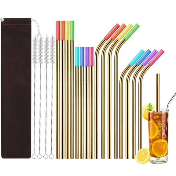 Casewin 16 Pack Reusable Stainless Steel Straws with Silicone Tips Travel Case Cleaning Brush Dishwasher Safe Extra Long Stainless Steel Straws Drinking for 20 25 30 oz Tumbler