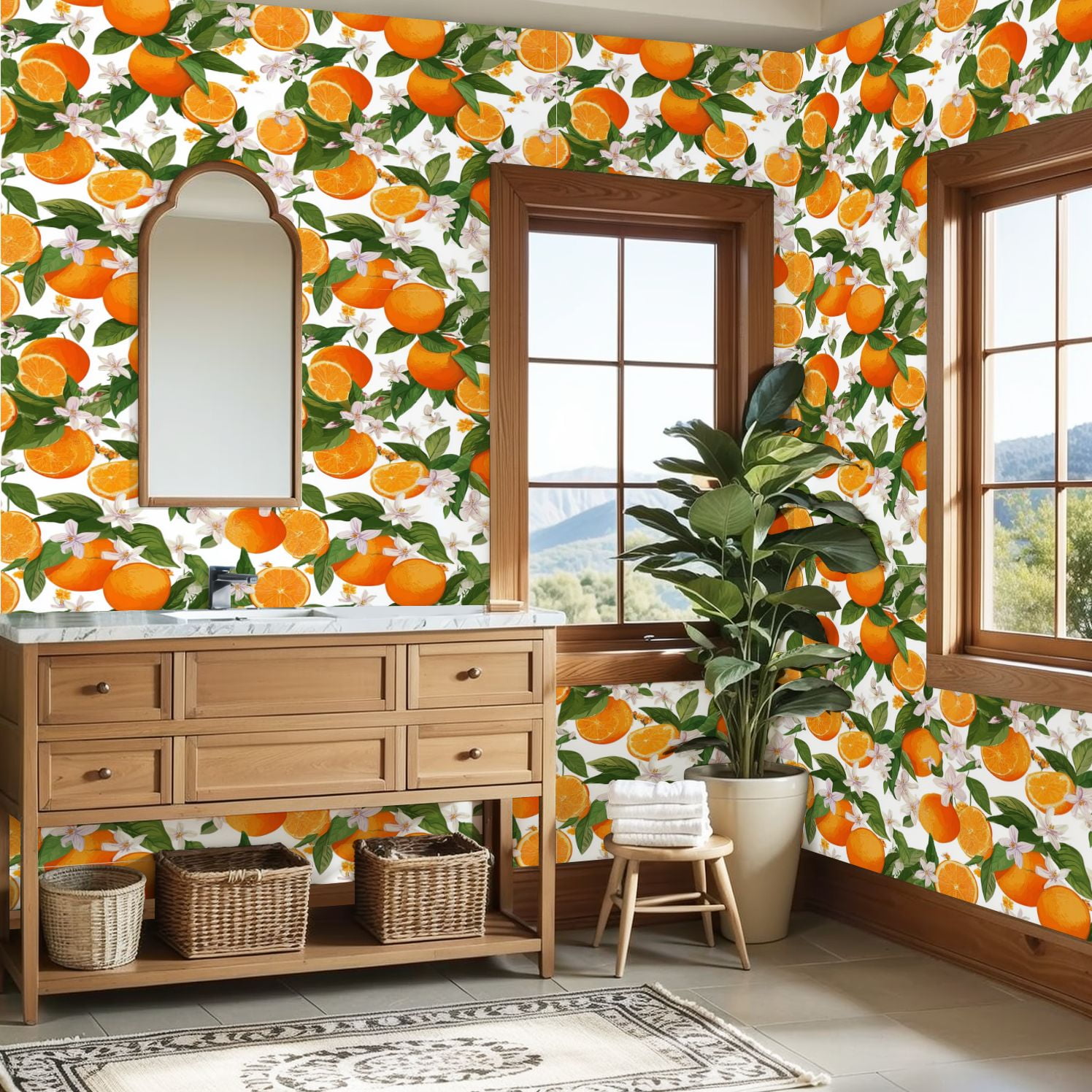 Vintage Peel and Stick Wallpaper Citrus Orange Blossoms Green Leaves Wall Mural 23.6in x 9.8ft Self Adhesive Removable Wall Paper Renter Friendly Wallpaper for Nursery Bedroom Cabinets