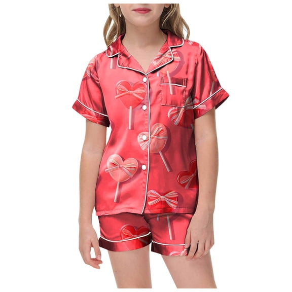 Cathalem Girls Pajamas Silk PJS Set Bow Satin Sleepwear Short Sleeve Jammies for Kids Button-Down Nightwear Dark Purple 4-5 Years