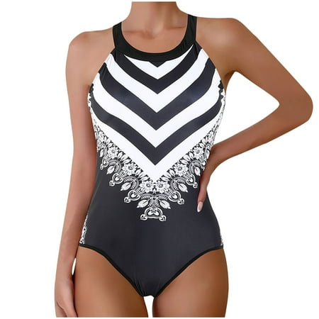 sovlvnd Clearance under 10 Women Printed Suspender V-neck High Waist Conservative Bikini One-Piece Swimsuit White  L