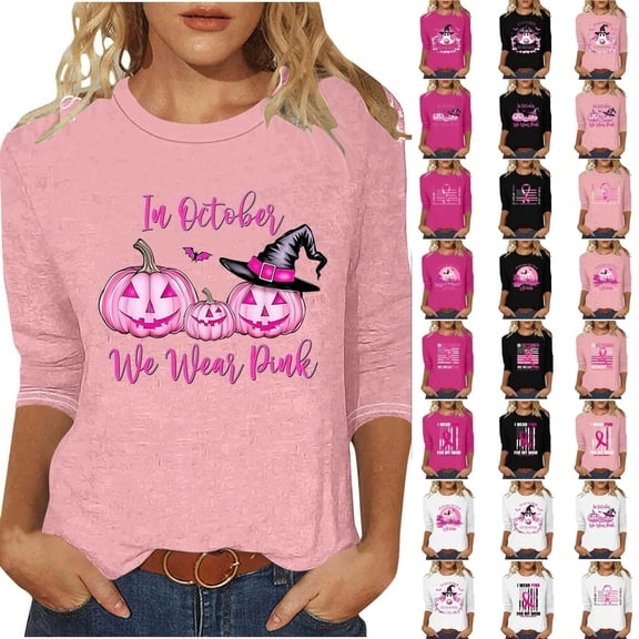 Yourumao Breast Cancer Shirts for Women Pink Ribbon 3/4 Sleeve Tops Crewneck Plus Size In October We Wear Pink Shirt for Breast Cancer Survivor