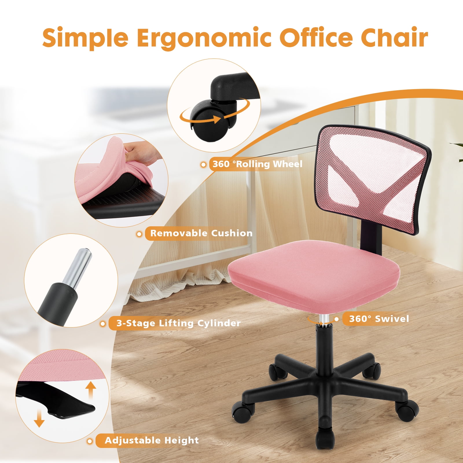 CONCETTA Ergonomic Home Office Mesh Desk Chair, Small Space, Armless Rolling Chair for Adults, Pink