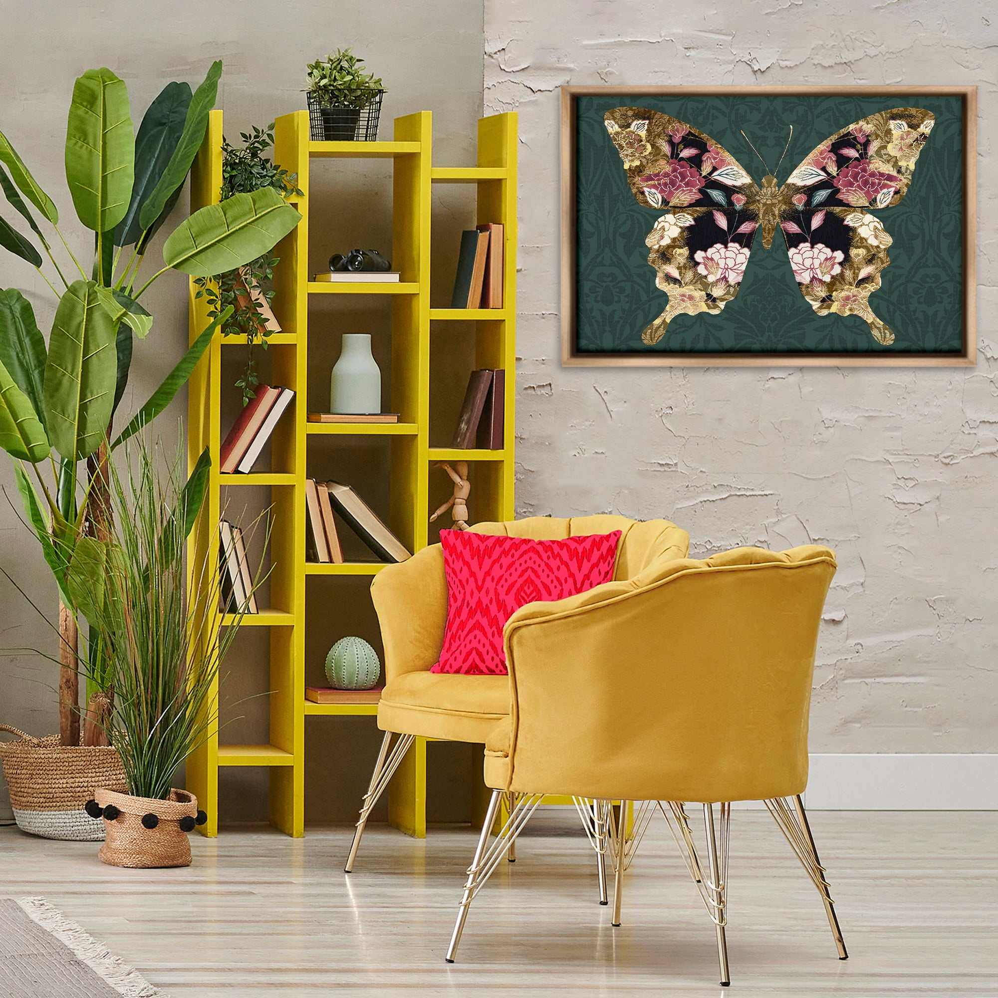 Stupell Industries Rococo Butterfly Pattern Animals Painting Brown Floater Framed Canvas Art Print Wall Art, 31 x 21