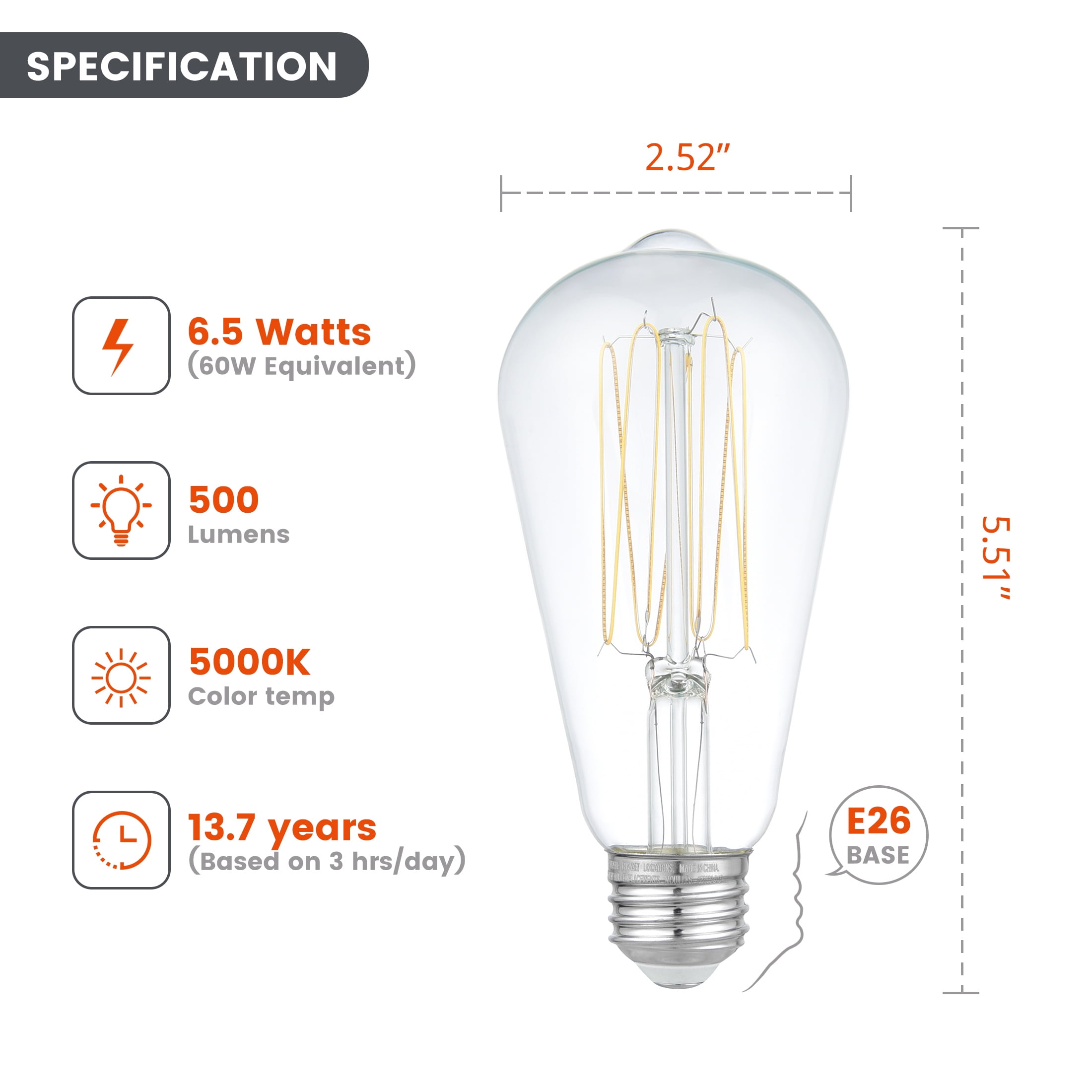 (2 pack) Better Homes & Gardens 6.5W (60W Equivalent) Daylight Dimmable ST19 Thin Filament Light Bulb E26 Base 2 Pack