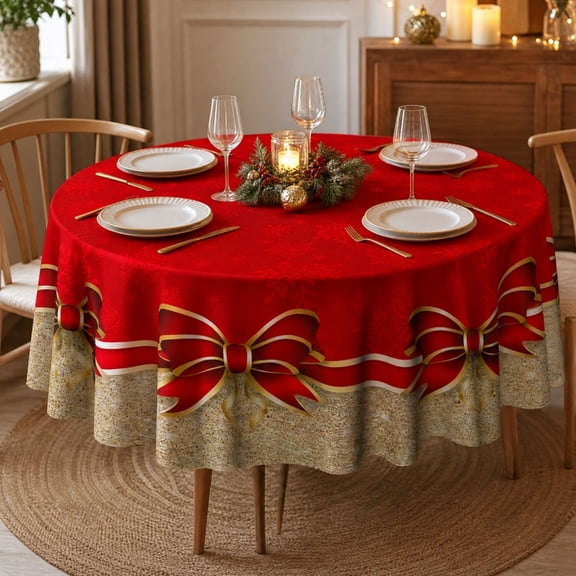 Twfbrm Christmas Round Table Runner, 59 x 59 Inch Winter Red Table Cloth with White Snowflakes and Bow Print Design, Waterproof Table Cover Christmas Decoration for Party, Kitchen, Room, Home Decor
