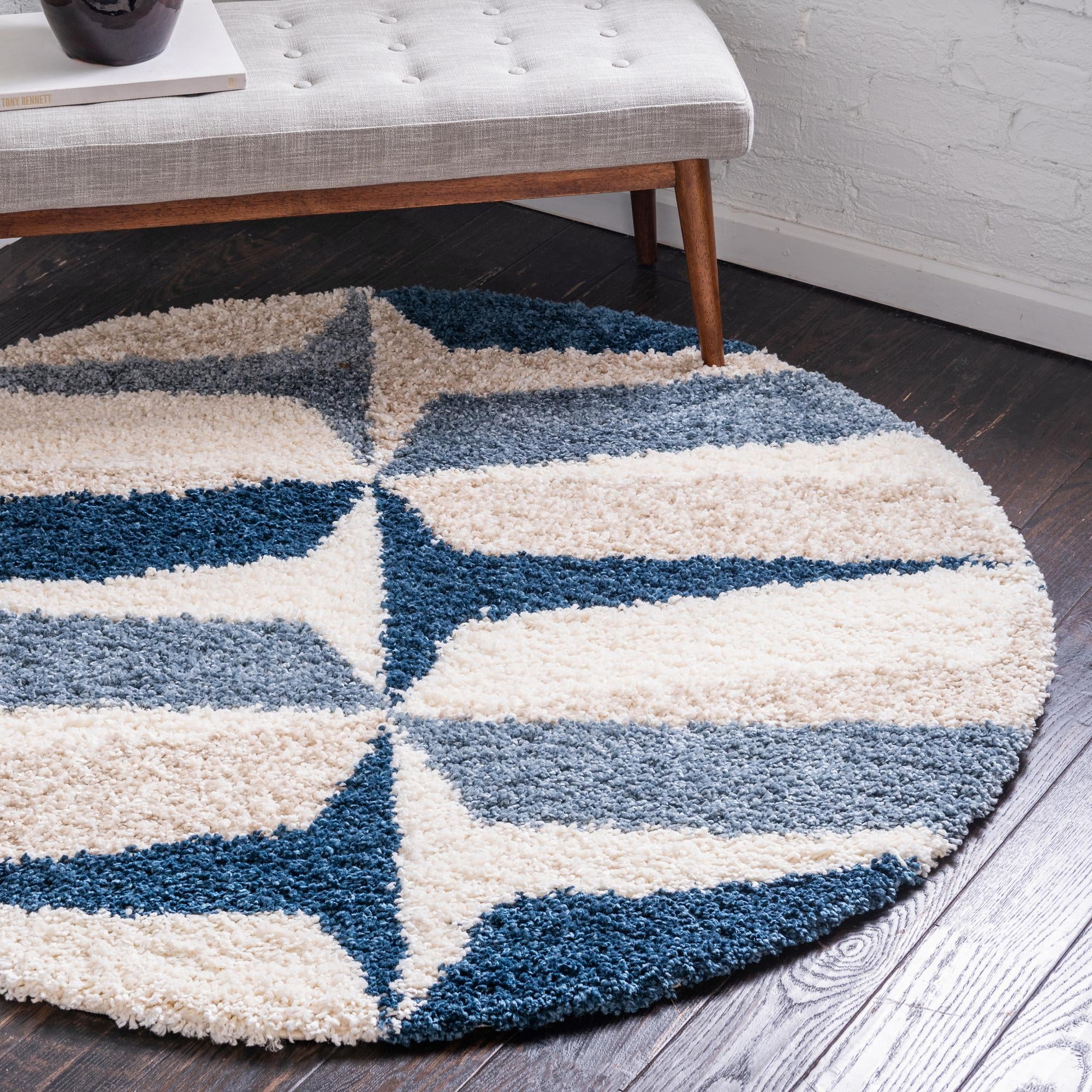 5' Round Blue Geometric Shag Synthetic Rug