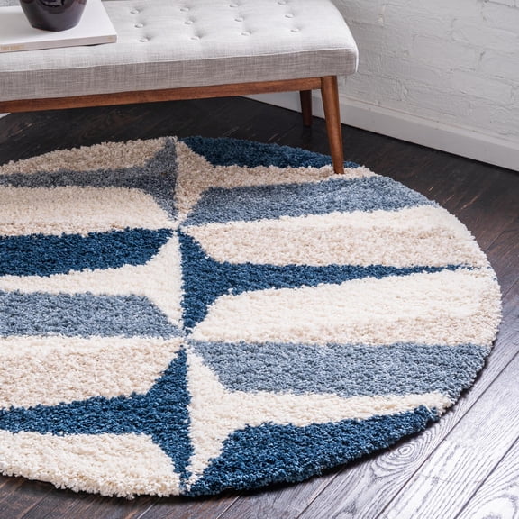 Unique Loom Hygge Shag Collection Area Rug - Balanced (5' Round Blue/Ivory)
